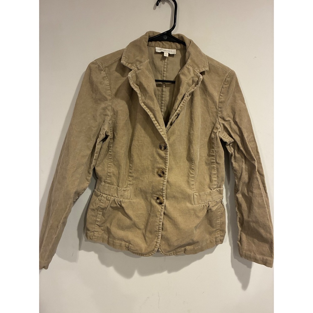 Talbots Tan Corduroy Blazer Jacket Womens 8 Khaki Peplum Ruffle Accent 3-Button